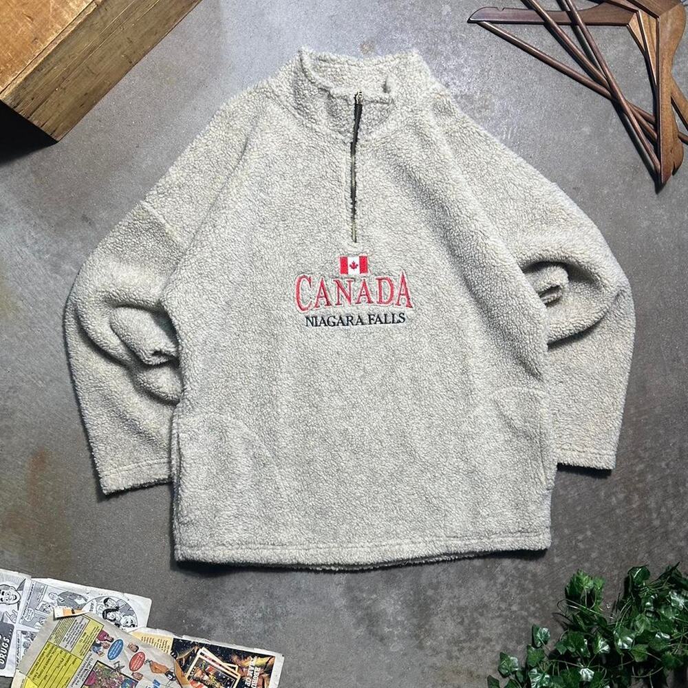 Vintage 90s Canada Niagara Falls Fleece Quarter Zip Sweatshirt Mens Large Tan